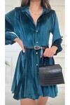 Asve Mall Kadın Premium Kalite Kadife Önden Düğmeli Kemerli Elbise
